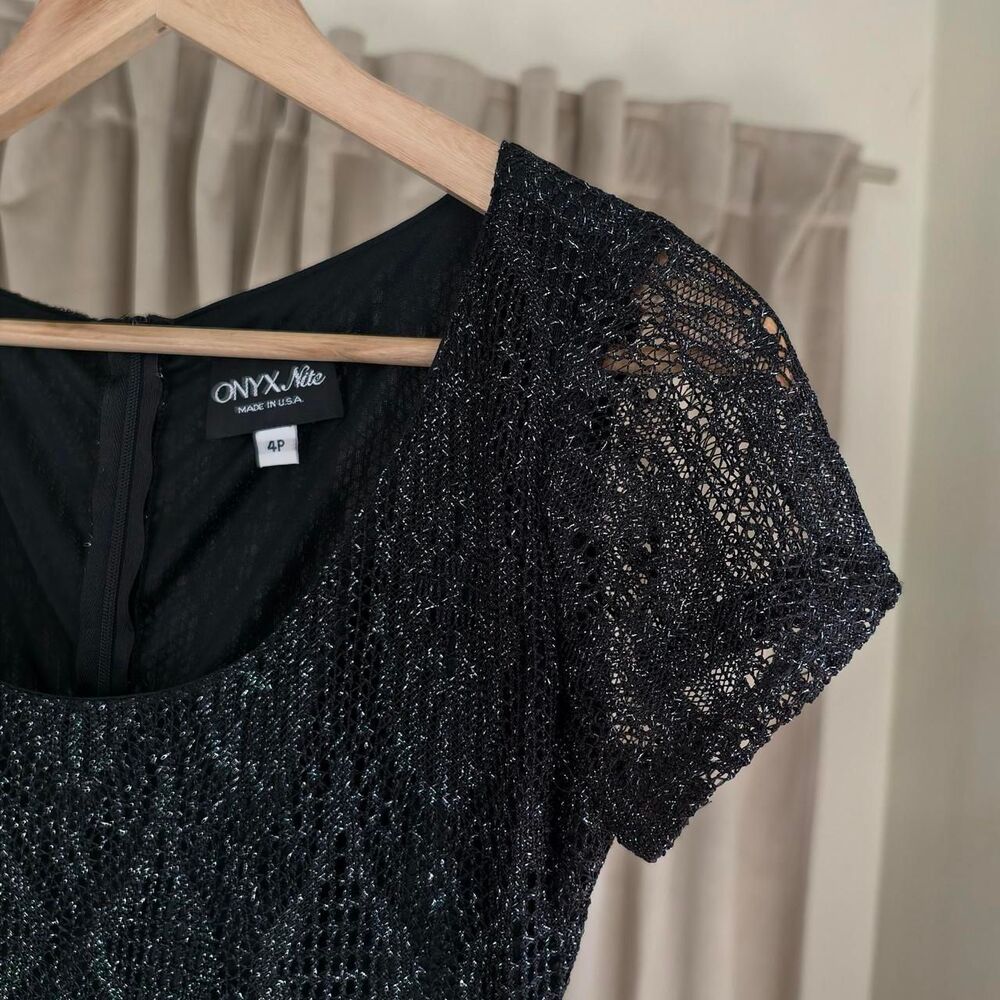 Vintage Onyx Nite Black Silver Metallic Lace Dress with Fringe Hem - Picture 8 of 8